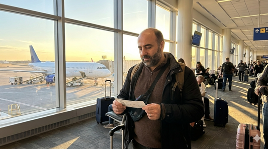 Traveler with suitcase holding boarding pass at modern airport terminal, plane visible outside