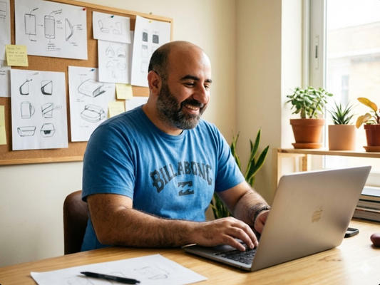 Smiling man at desk with laptop, plant decor, and sketches on corkboard in modern workspace